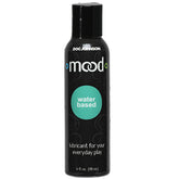 A black bottle of lubricant with the brand name "Doc Johnson" at the top features a label that reads "Mood Lubes," along with a blue-green circle stating "water based." It also says, "multipurpose lube for your everyday play." The bottle contains 4 fl. oz. (118 ml) of Mood Water Based Lube.